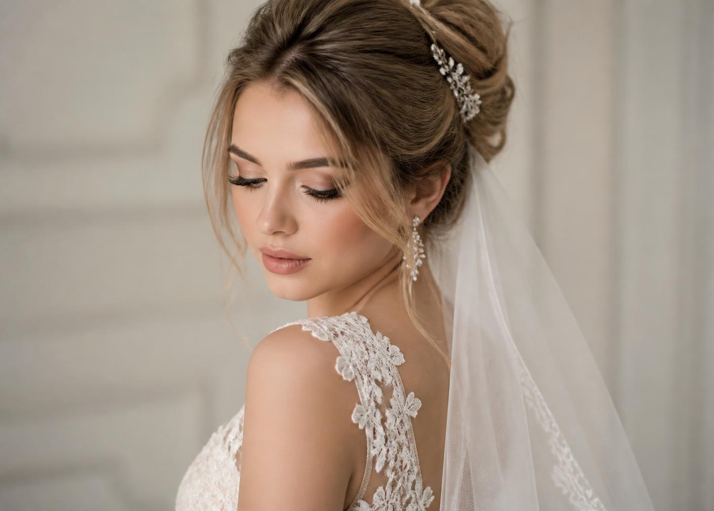 Nuse me model flokësh të mbledhur dhe make-up nusërie
