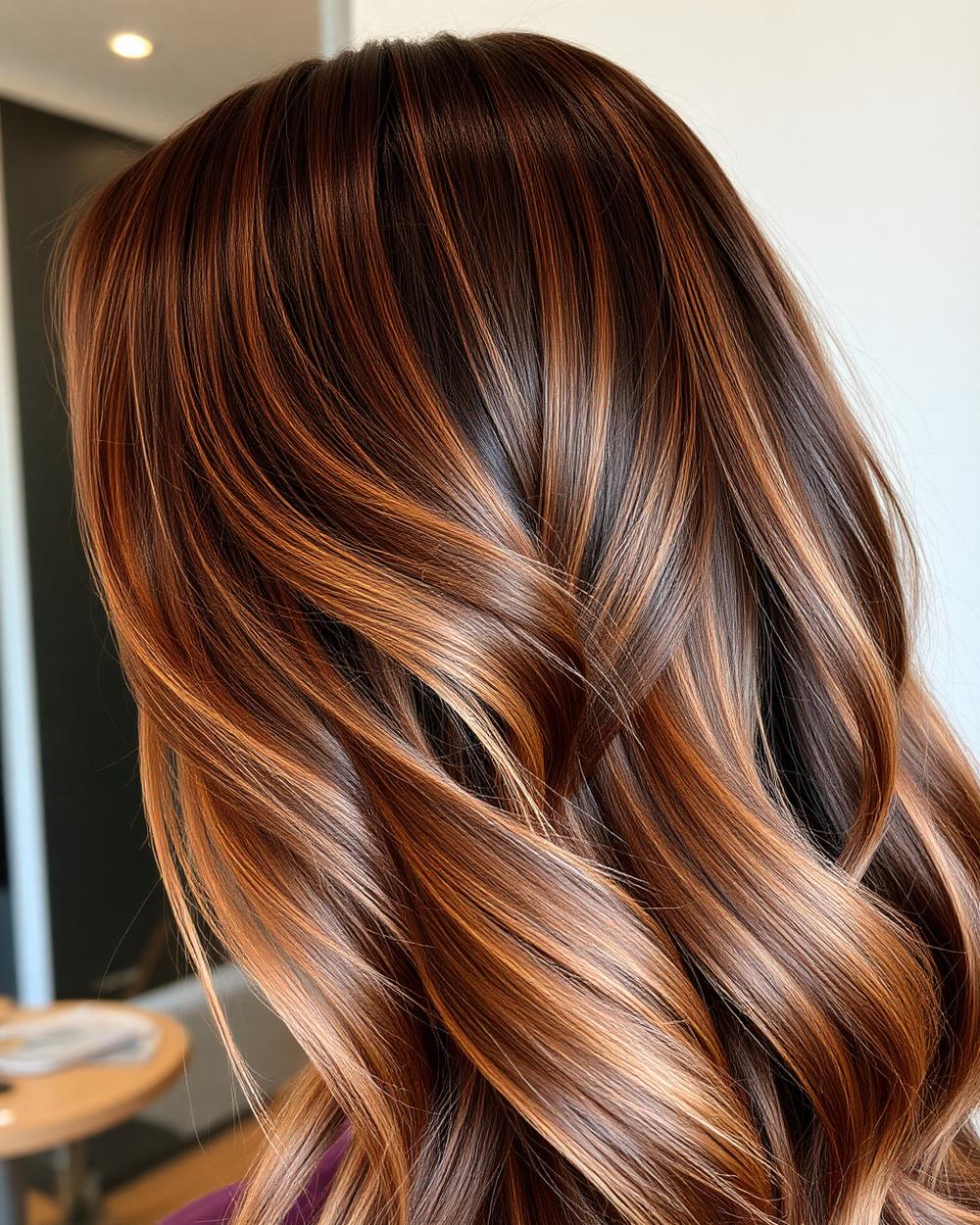 Ngjyrosje balayage me nuanca karamel mbi flokë kafe